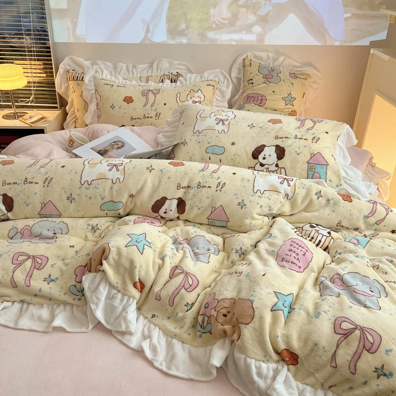 2024冬季新款A类可爱卡通荷叶花边牛奶绒加绒加厚保暖床上用品