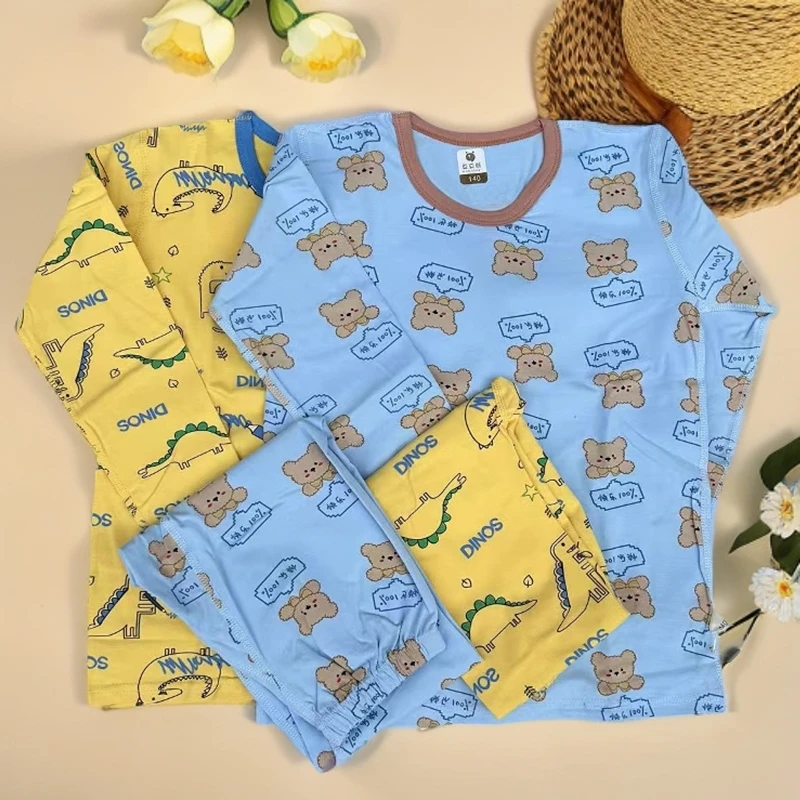 儿童中童男童秋衣 莱卡棉 四季款套头满印 长袖纯棉秋衣秋裤套装