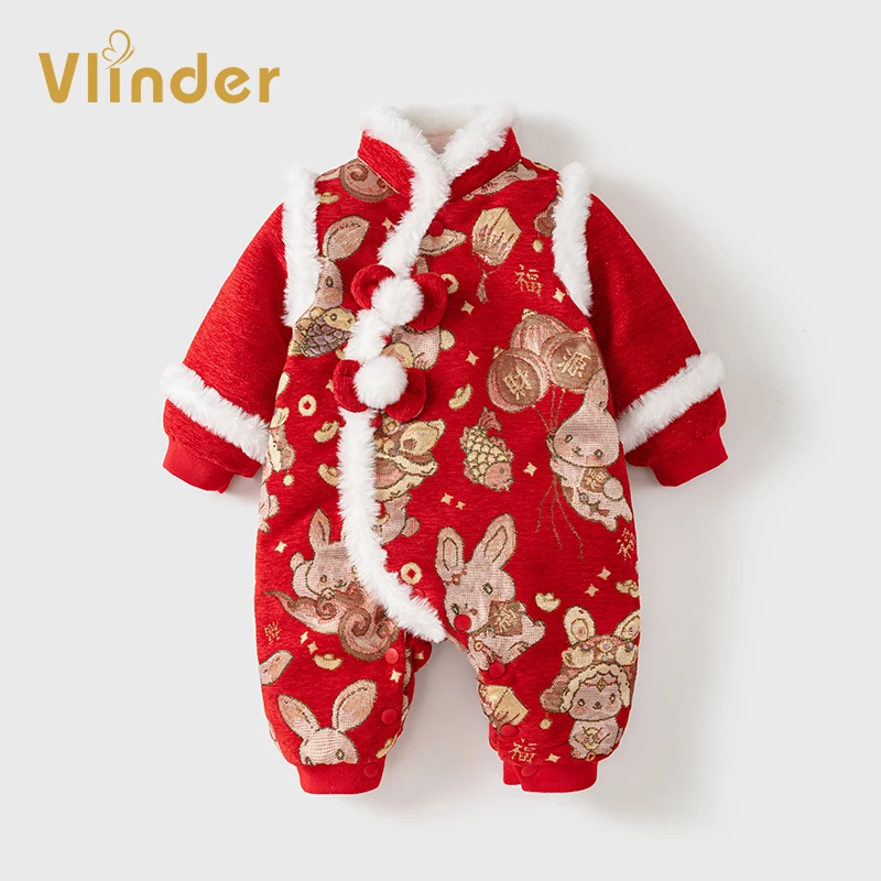 宝宝拜年服红色中国风冬季新生女宝宝棉服棉衣加绒加厚冬装连体衣