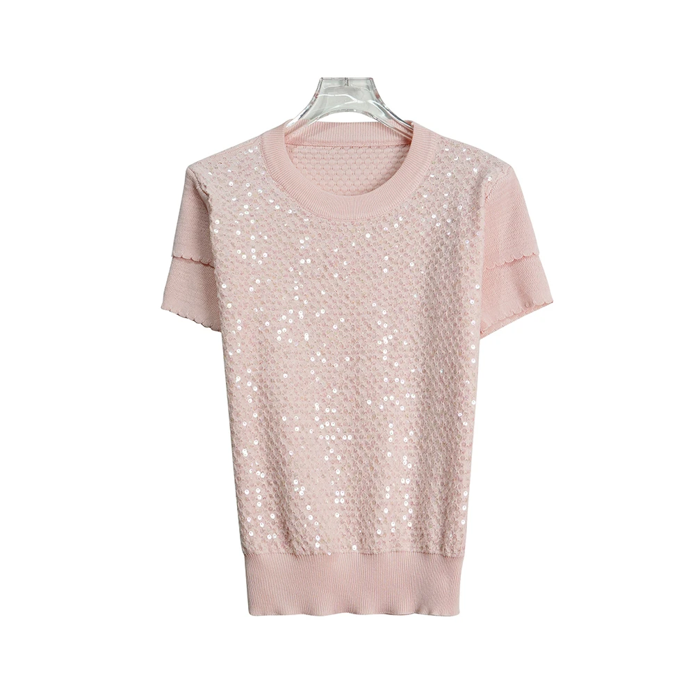 X26144【清新脱俗】韩系亮片花瓣袖圆领气质针织衫短袖上衣4C