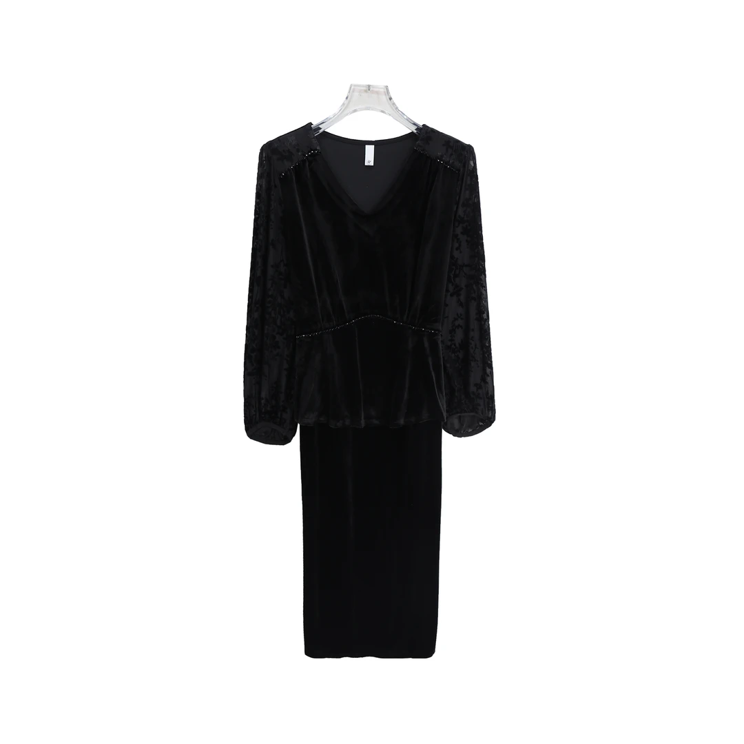 优雅名媛气质风V领拼接提花长袖连衣裙S4520