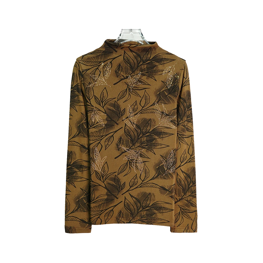 X3372【上新】加绒加厚烫钻咖色树叶印花半高领打底长袖3D