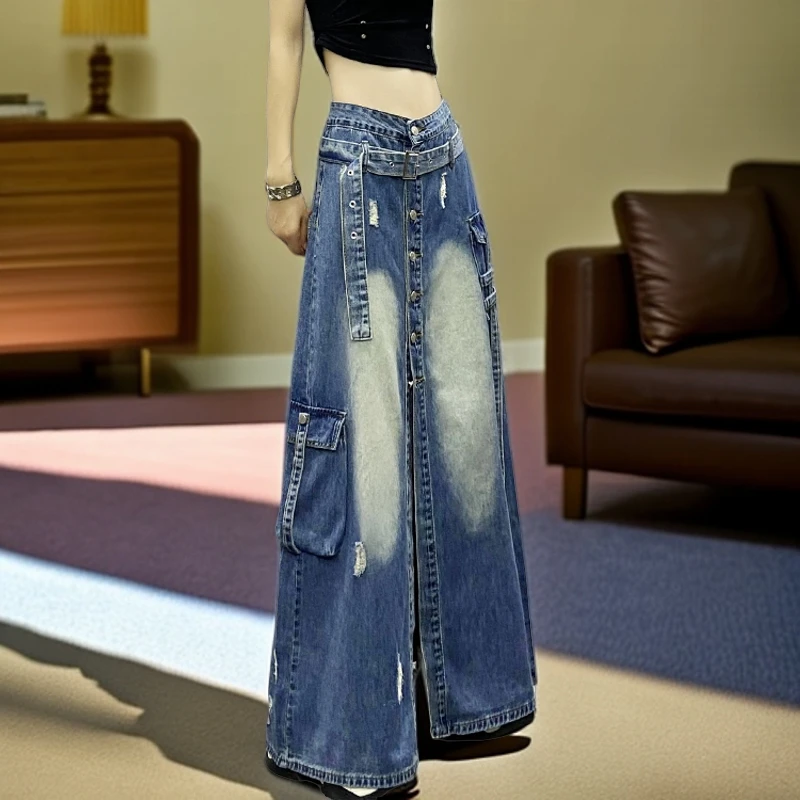 潮牌女装网红洋气炸街春季新款高腰显瘦开叉系扣破洞牛仔裙半身裙