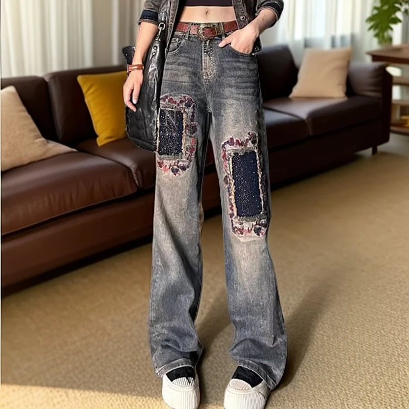 欧货女装2025流行春季新款高腰显瘦刺绣磨破烫钻牛仔裤百搭阔腿裤