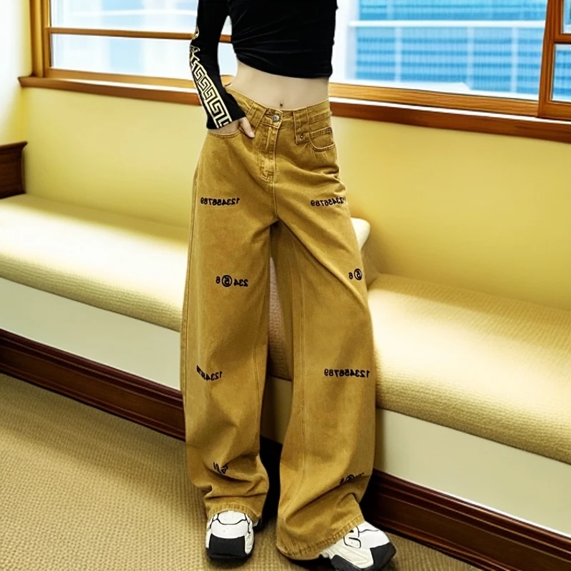 字母刺绣直筒阔腿拖地裤女2025春秋装新款网红同款高腰显瘦牛仔裤