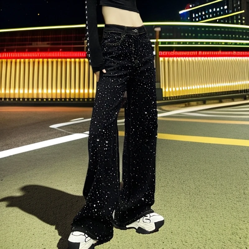 2025春秋新款欧货复古烫钻阔腿直筒牛仔裤女垂感宽松带钻拖地长裤