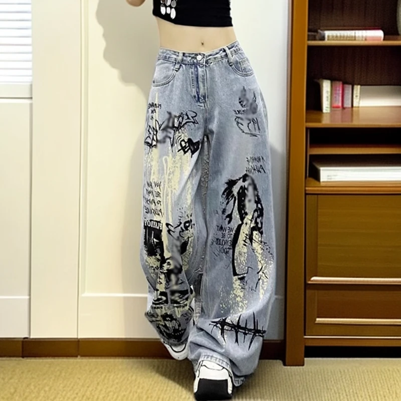 2025春秋新款网红同款设计感喷漆水墨涂鸦牛仔裤女高腰显瘦阔腿裤