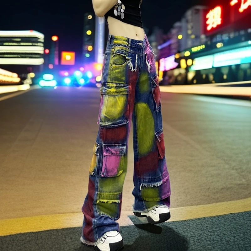 2025春夏新款女装复古高腰显瘦涂鸦彩绘多口袋牛仔裤女工装阔腿裤