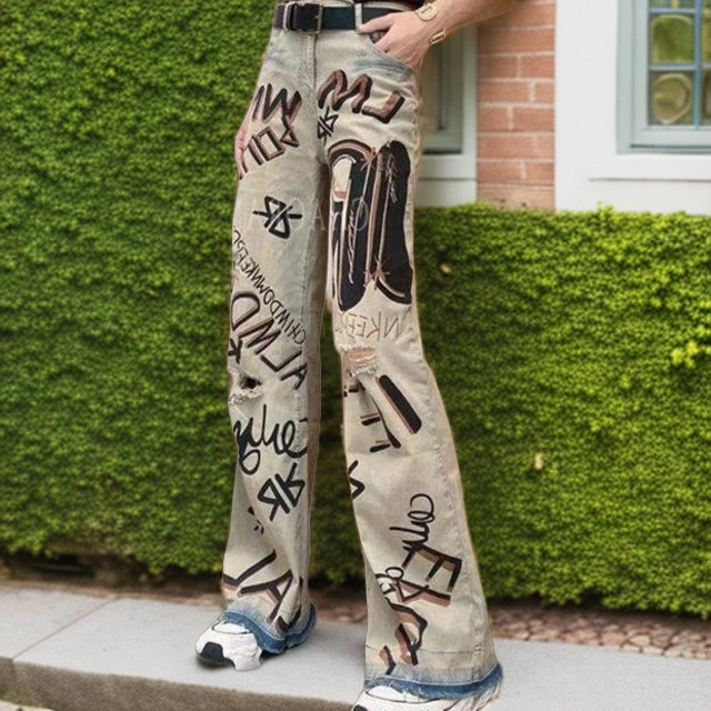 2025春季新款百搭时尚阔腿牛仔裤女高腰直筒破洞显瘦字母印花拖地