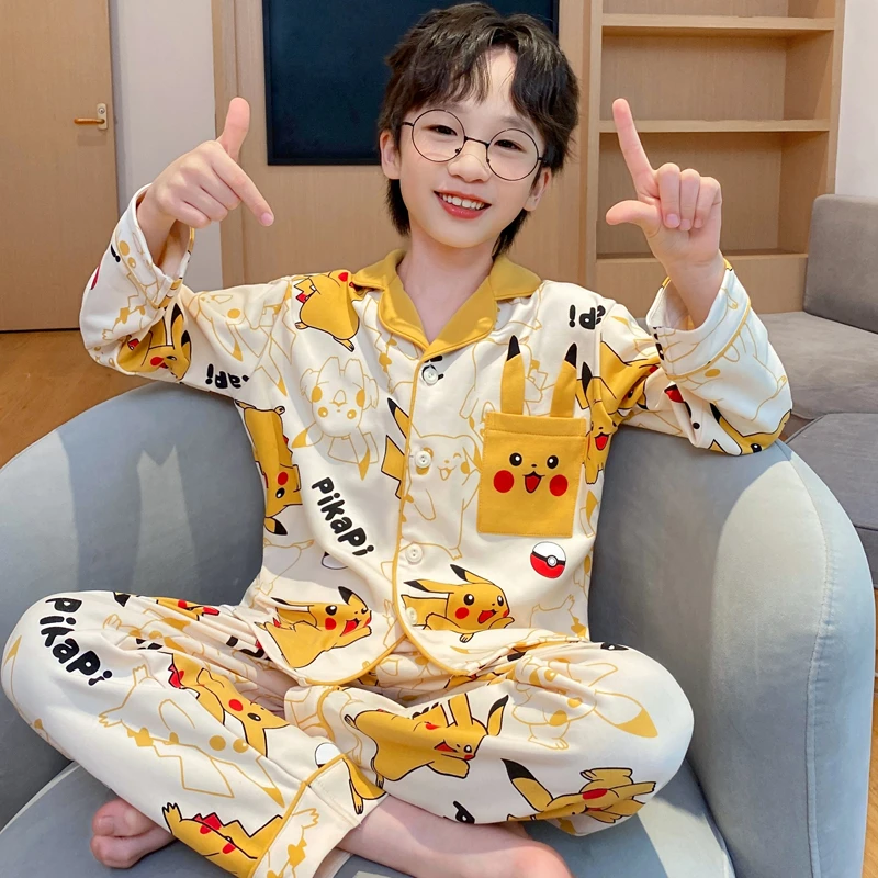 儿童纯棉长袖睡衣男童春秋款薄款卡通皮卡丘男孩中大童家居服套装