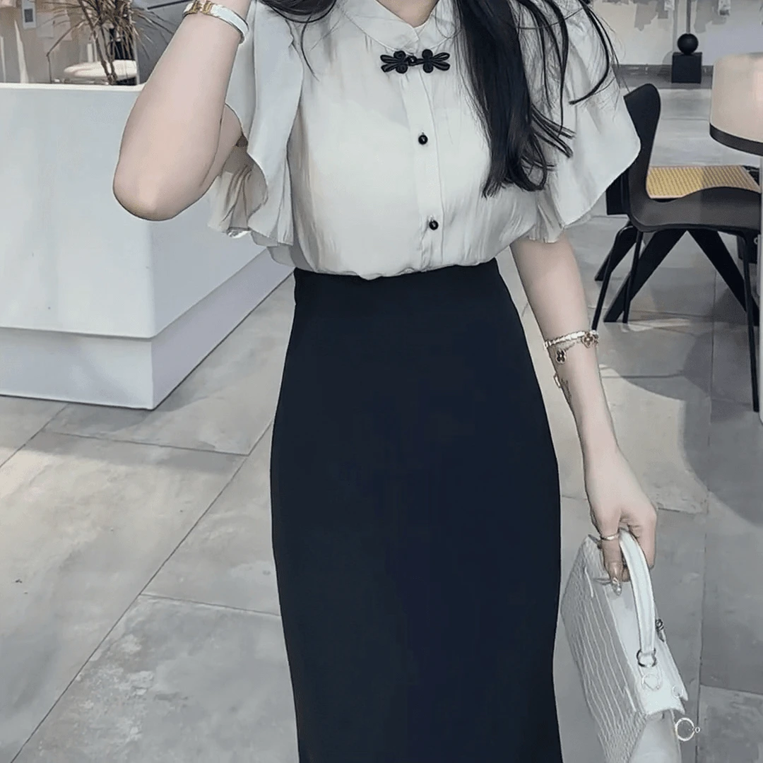 夏季新款女款小飞袖轻熟独特别致立领短袖衬衫鱼尾半身长裙D2660