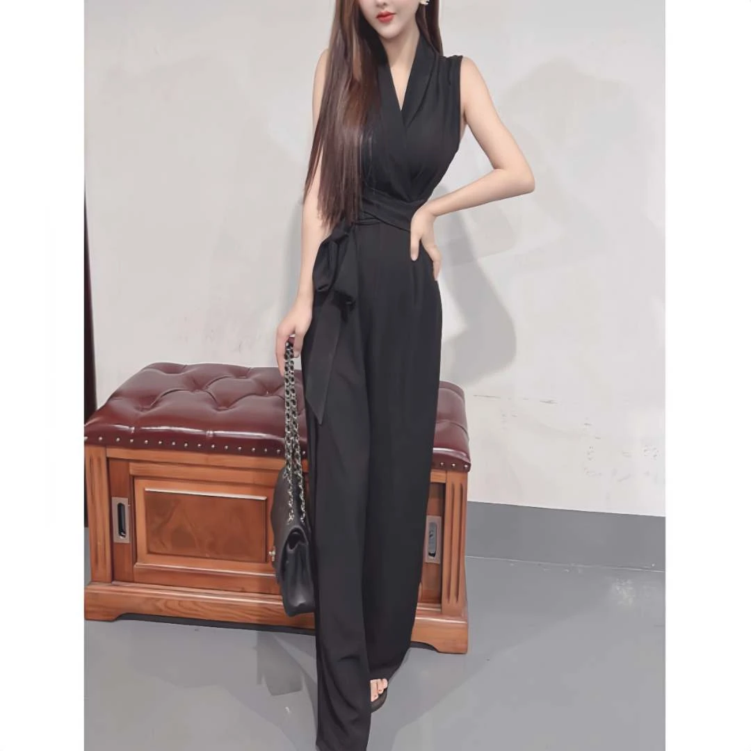 时尚气质连体裤女V领无袖高腰修身阔腿裤长裤垂感显瘦连衣裤轻奢
