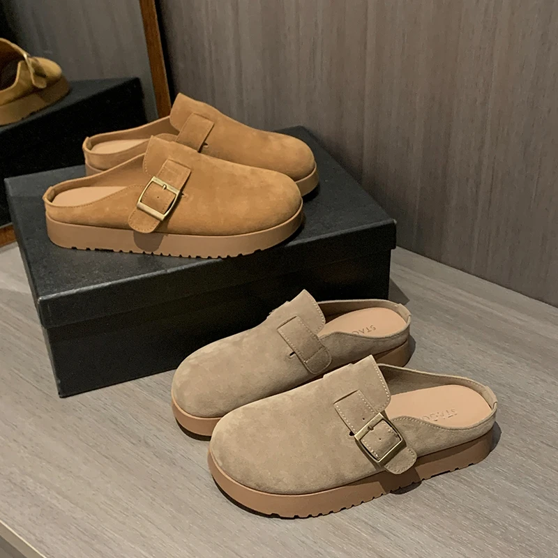 2.5cm增高软底勃肯鞋女包头鞋外穿休闲半包复古休闲鞋半拖懒人鞋