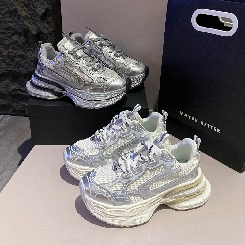 7cm增高厚底银色老爹鞋女2024新款夏季女款休闲春秋增高运动女鞋