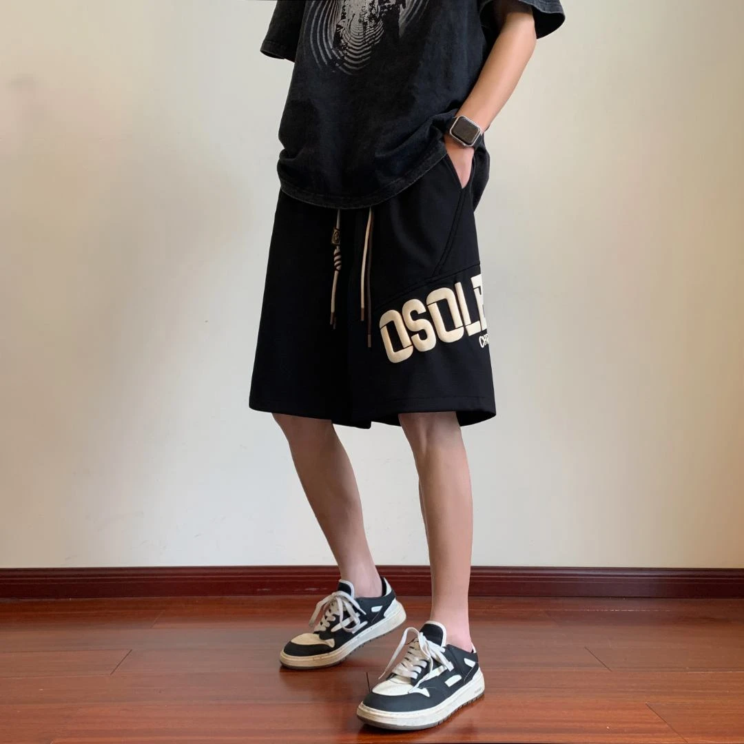 发泡印花运动短裤男夏季薄款美式复古高街ins潮牌宽松休闲五分裤5