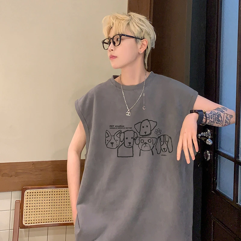 BAOZAN/爆赞背心男夏季宽松无袖t恤男生潮牌印花运动坎肩汗衫