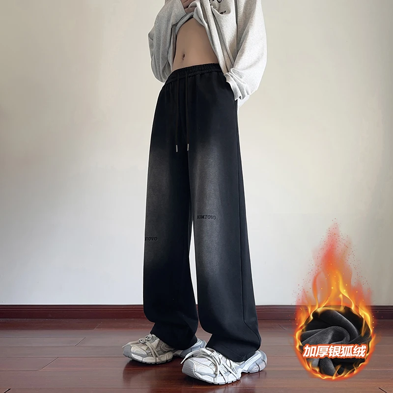 美式做旧水洗休闲卫裤男潮牌加绒加厚刺绣磨白感宽松直筒阔腿长裤