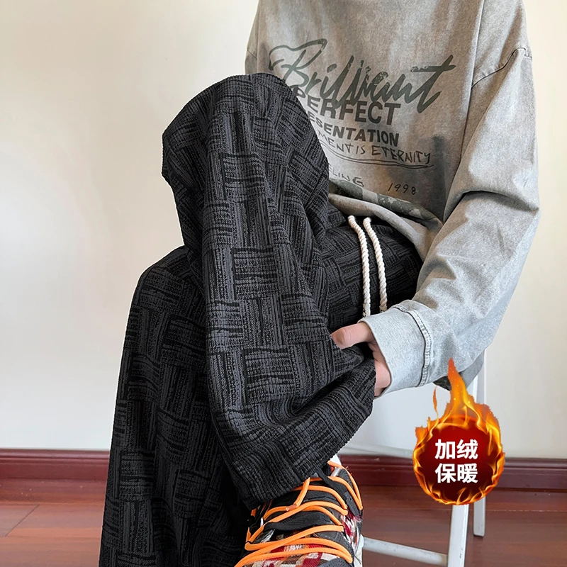 垂感直筒灯芯绒裤子男秋冬加绒宽松阔腿裤美式加厚男裤休闲运动裤