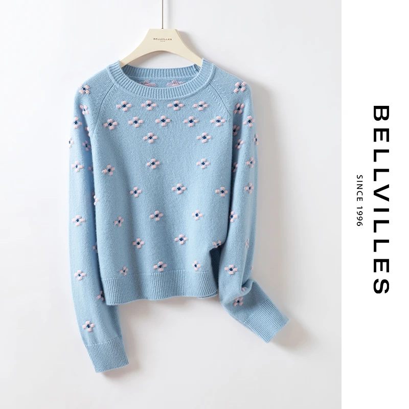 贝拉维拉【100%山羊绒】羊绒衫圆领套头女装秋冬季保暖提花针织衫女