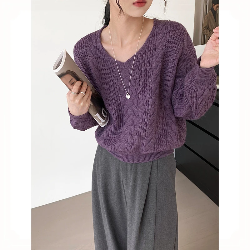 秋冬新款毛衣韩系温柔领软糯亲肤麻花毛衣女慵懒气质针织衫宽松版