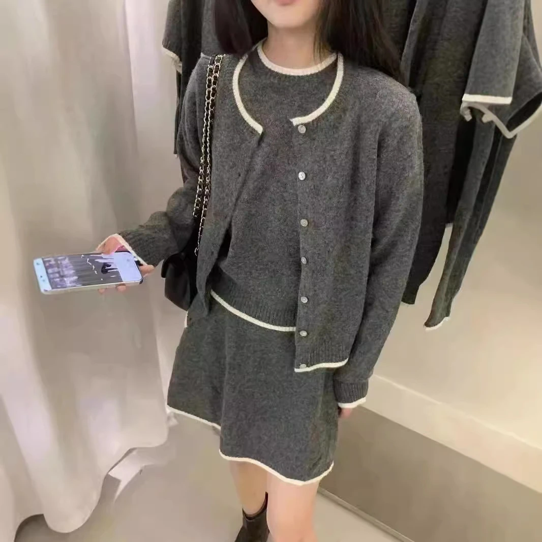 2024秋冬新款针织套装女高级感时尚气质开衫短袖毛衣裙裙三件套