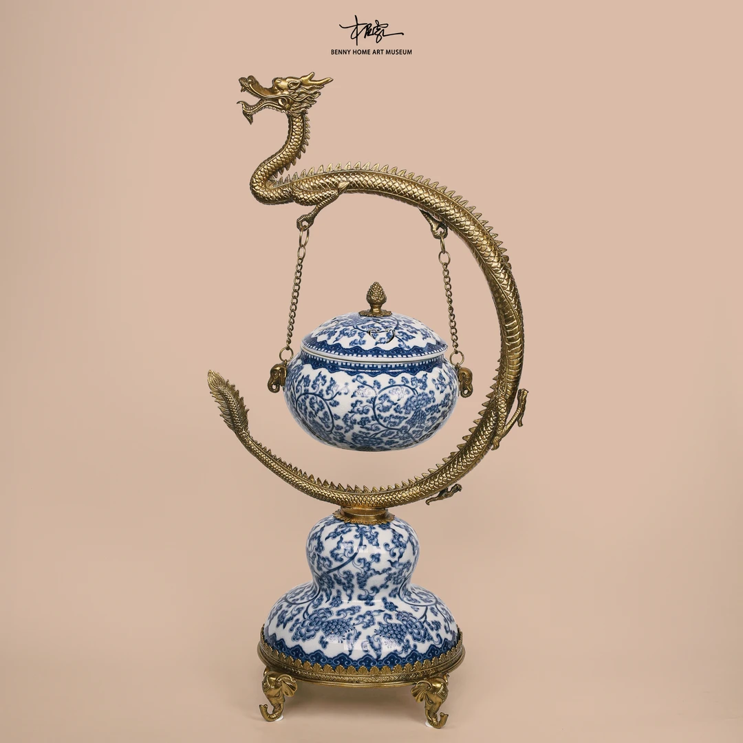 【BENNY本尼家】HX40陶瓷镶铜龙青花瓷香炉茶室家居客厅桌玄关新