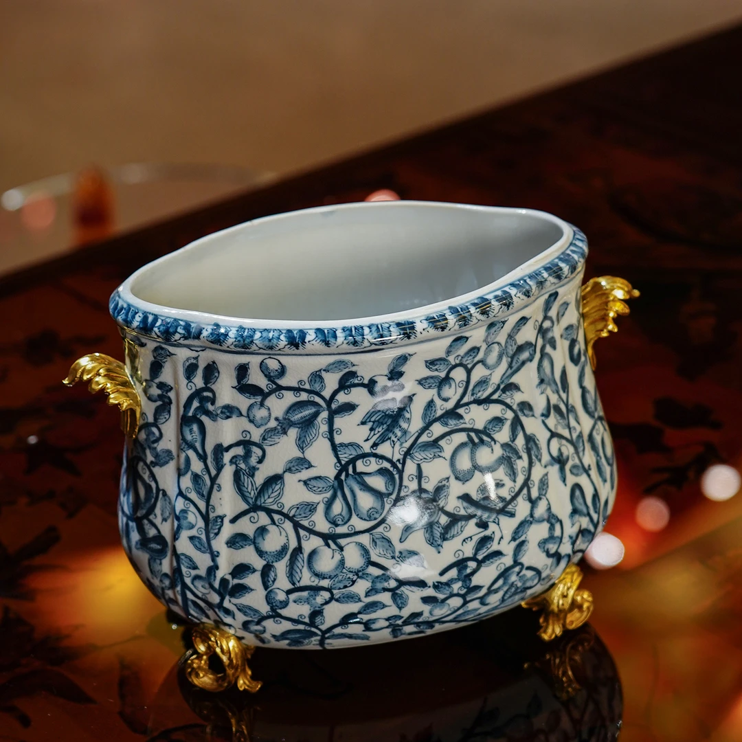 【本尼家】SS38欧式古典青花陶瓷镶铜家居饰品花盆客厅装饰摆件