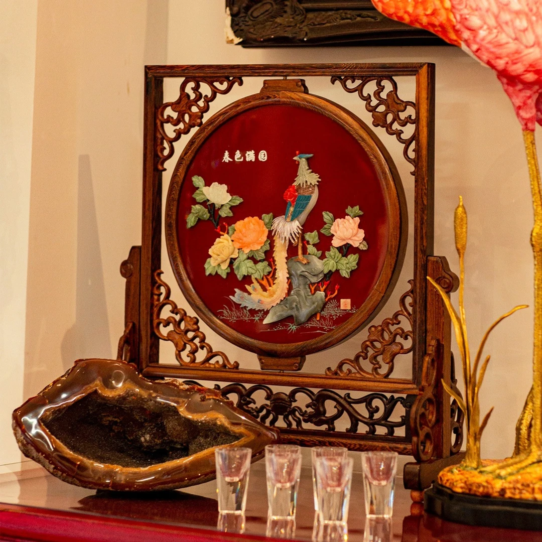 【本尼家】非遗好物扬州漆器屏风《春色满园》骨石镶嵌桌面转屏台屏