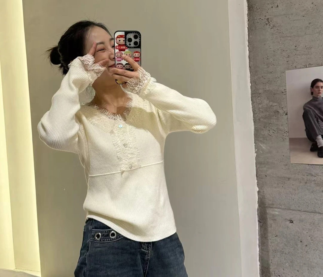 睫毛蕾丝V领针织衫 23495