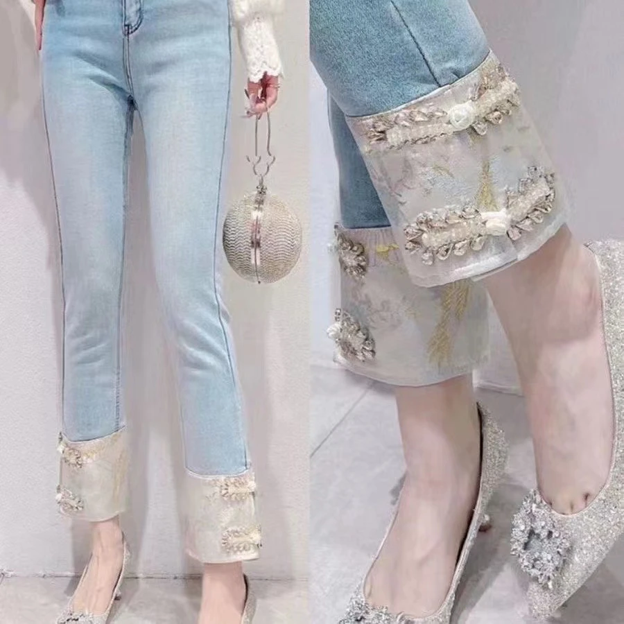 8610#休闲百搭弹力打底手工钉钻牛仔裤