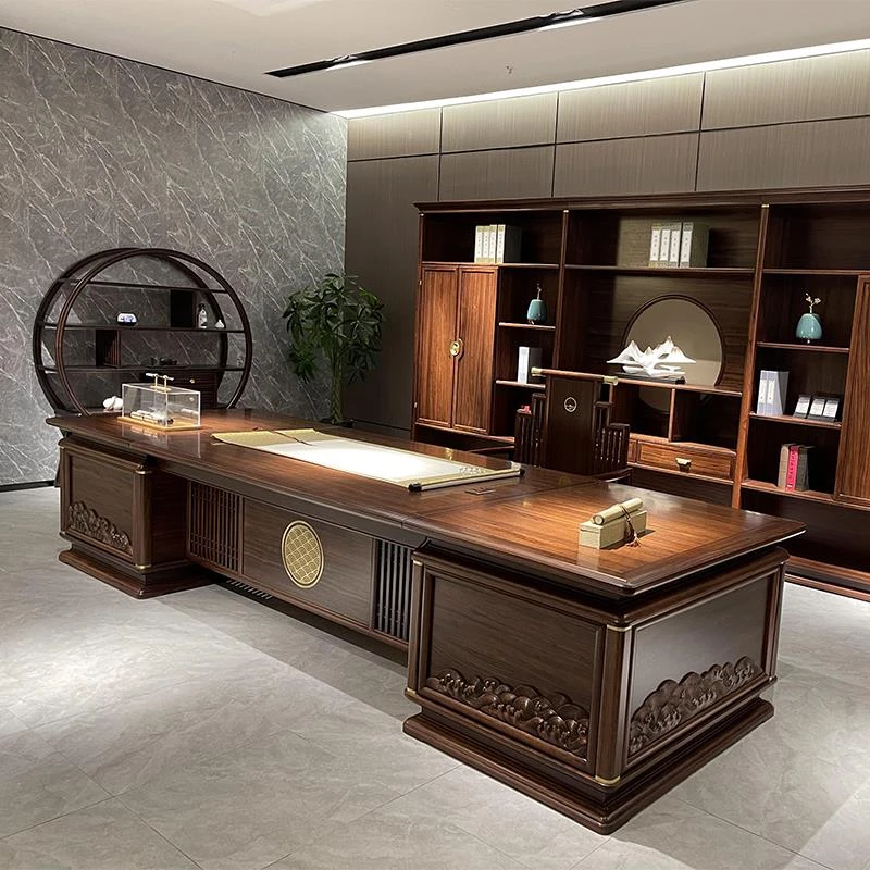 新中式甄选优选乌金木组合实木大班台轻奢简约办公室家具工厂直销
