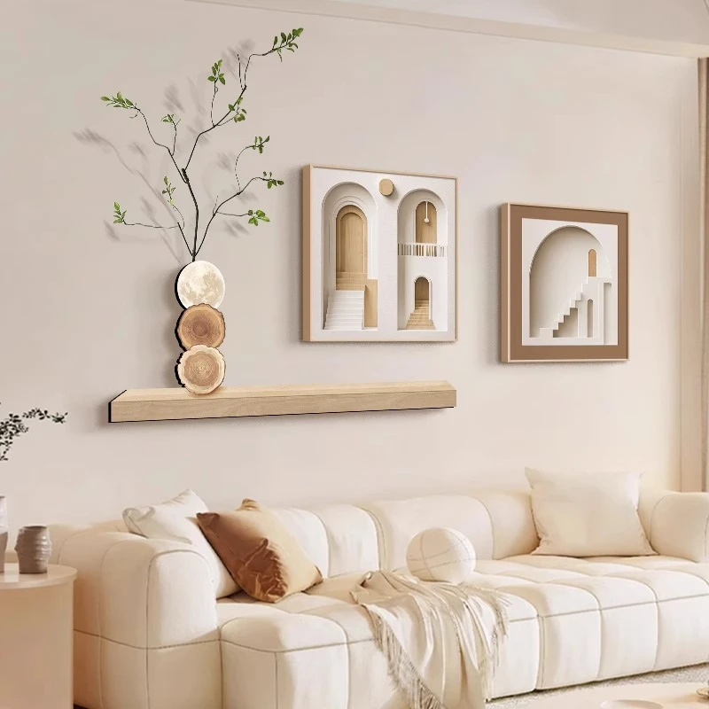 奶油原木风沙发背景墙挂画石来运转客厅装饰画高级感餐厅组合壁画