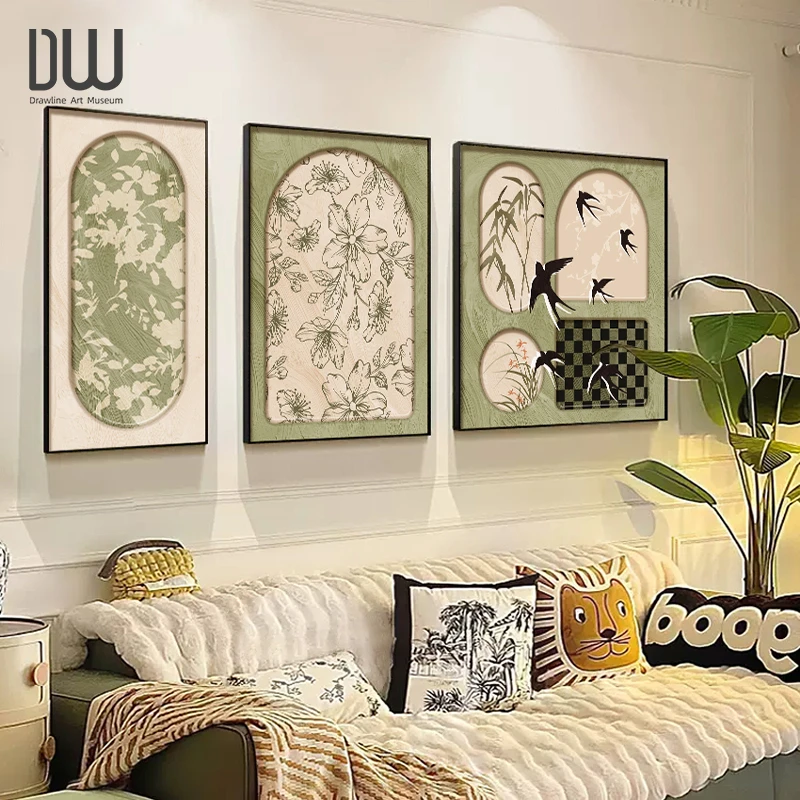 奶油中古风客厅装饰画复古三联壁画小众艺术高级感沙发背景墙挂画