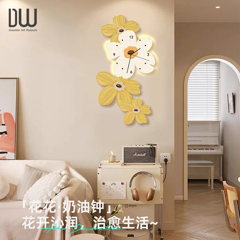 奶油风餐厅led灯光时钟画简约客厅挂钟沙发背景墙玄关过道挂钟画