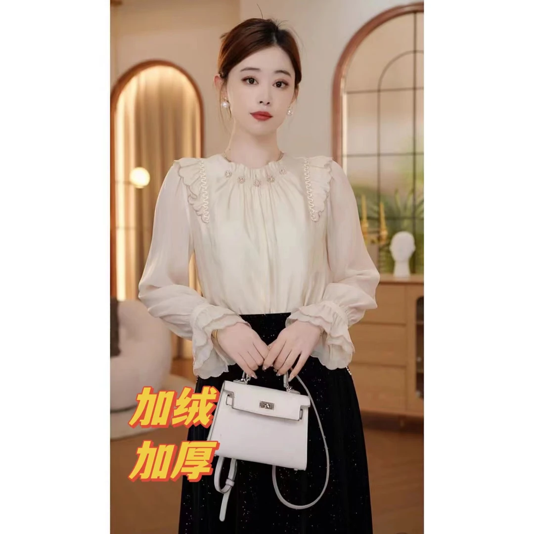 【嘉嘉JIANG】和风秋意 时尚气质钉珠花边前后两穿衬衫 XJ233A3177