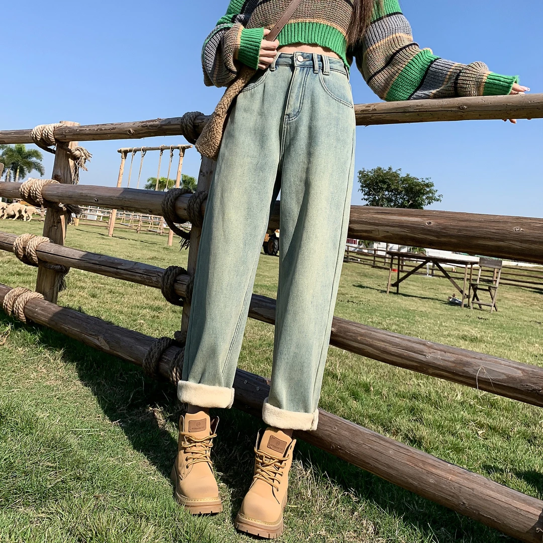 【清货福利】小个子浅蓝色加绒牛仔裤百搭直筒裤#8974