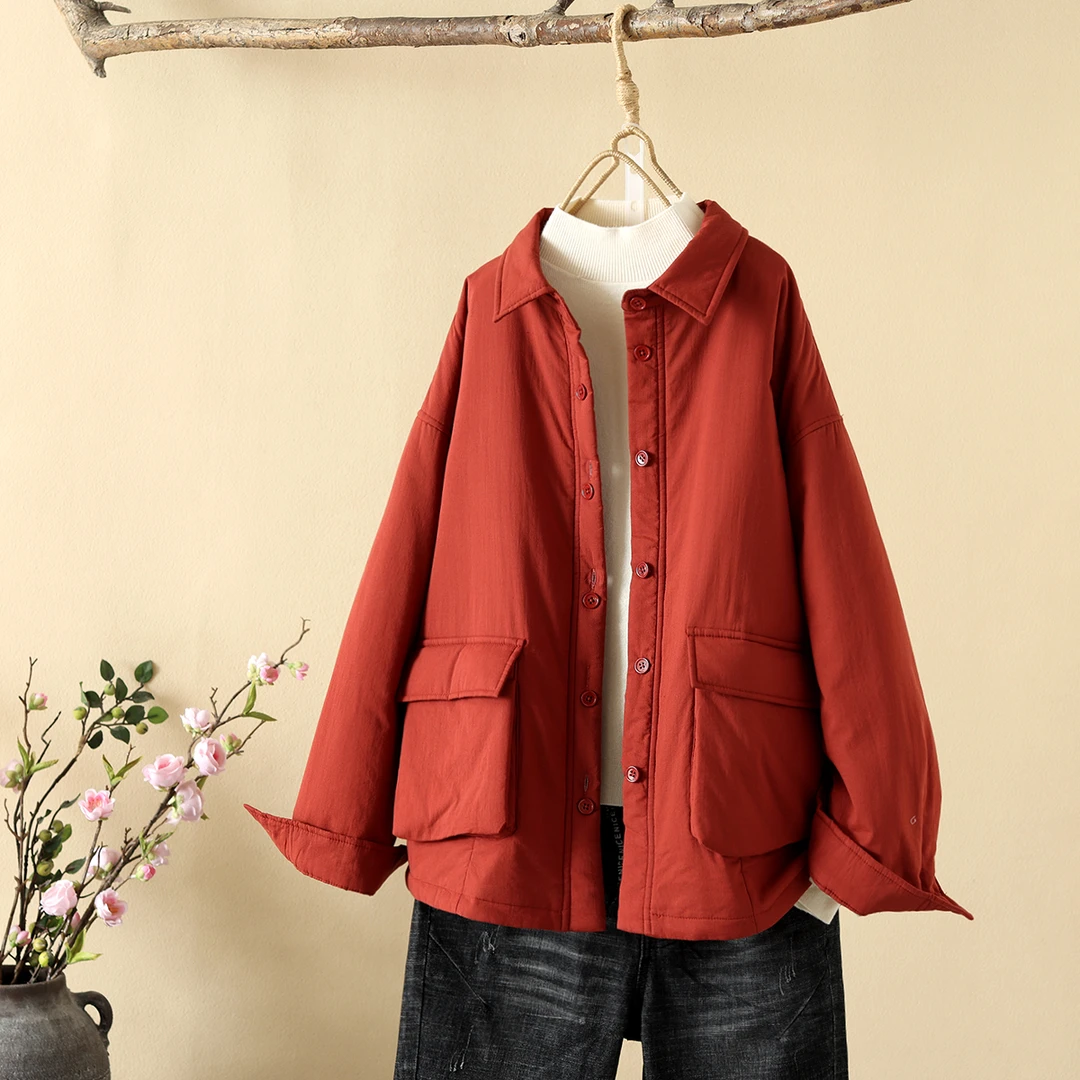 外贸出口日单棉服女冬季棉袄外套高品质大口袋宽松轻薄衬衫式棉衣