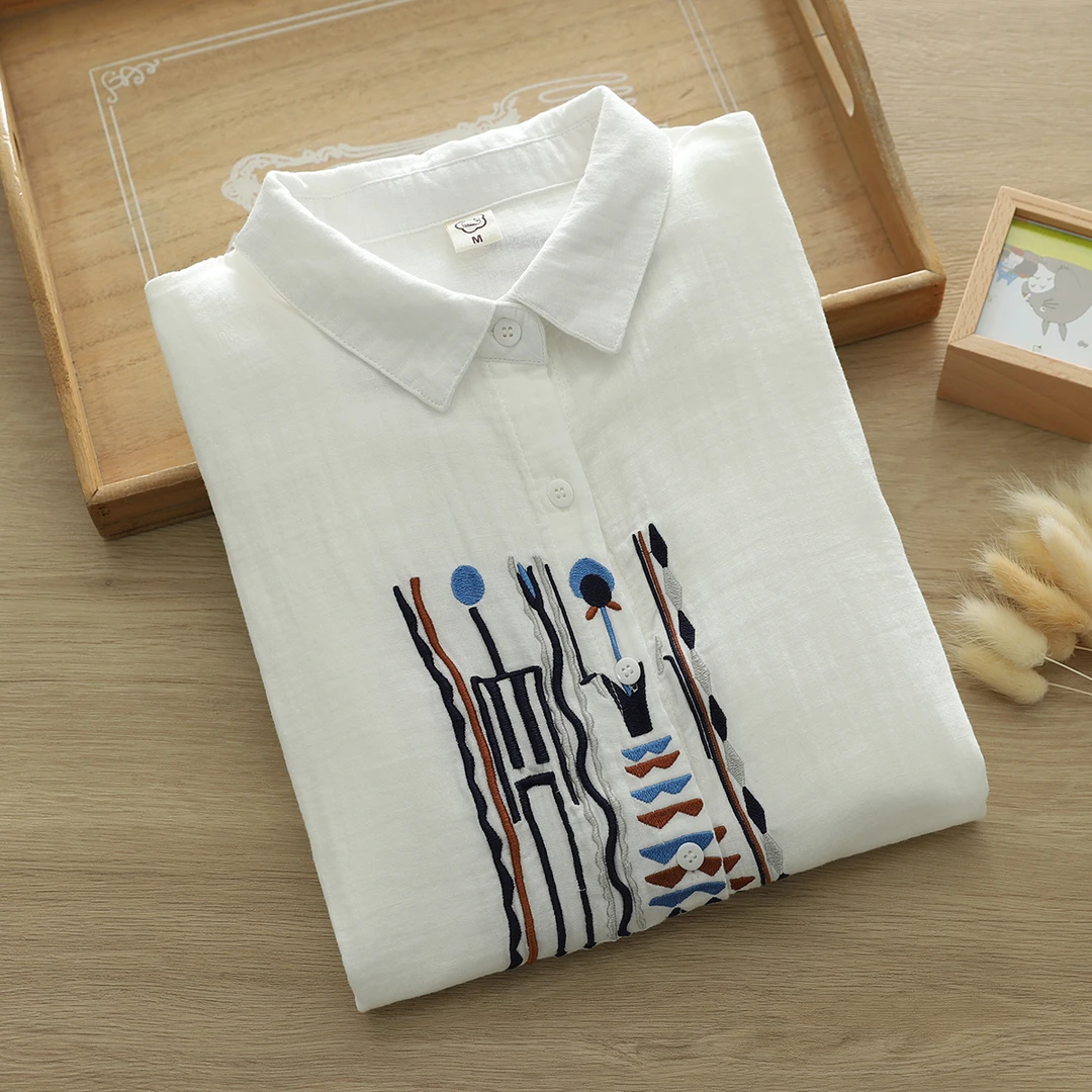 2025秋冬季民族风复古双层纱刺绣白衬衫秋新百搭打底衬衣绣花