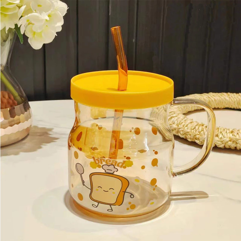 【夏日特惠】可爱马克杯喝水杯ins高硼硅杯子带盖吸管杯玻璃杯面包