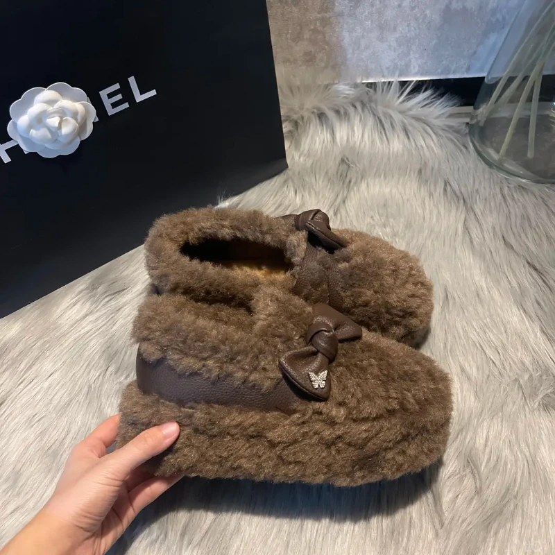 厚底蝴蝶结增高6cm毛毛鞋女2024秋冬新款外穿仙女风加绒保暖棉鞋