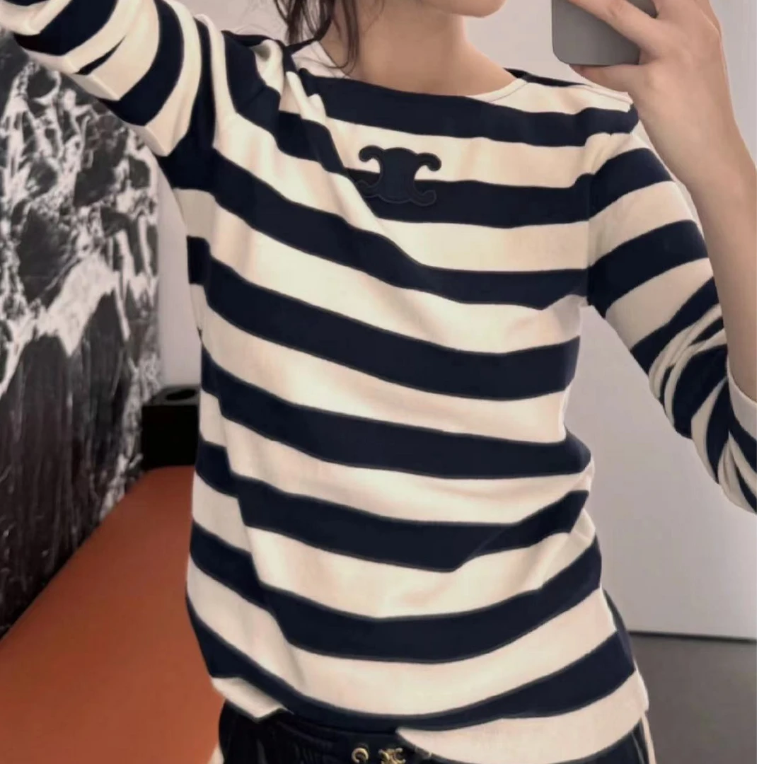 全新未使用 Celine/思琳 FW24 女士蓝白拼色针织T恤/公价7900