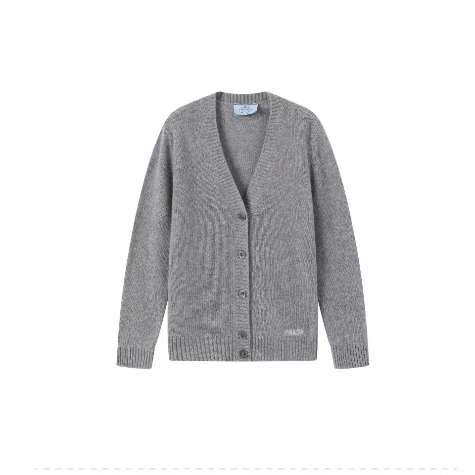 全新未使用 Prada/普拉达 女士灰色logo刺绣羊毛开衫/公价15000