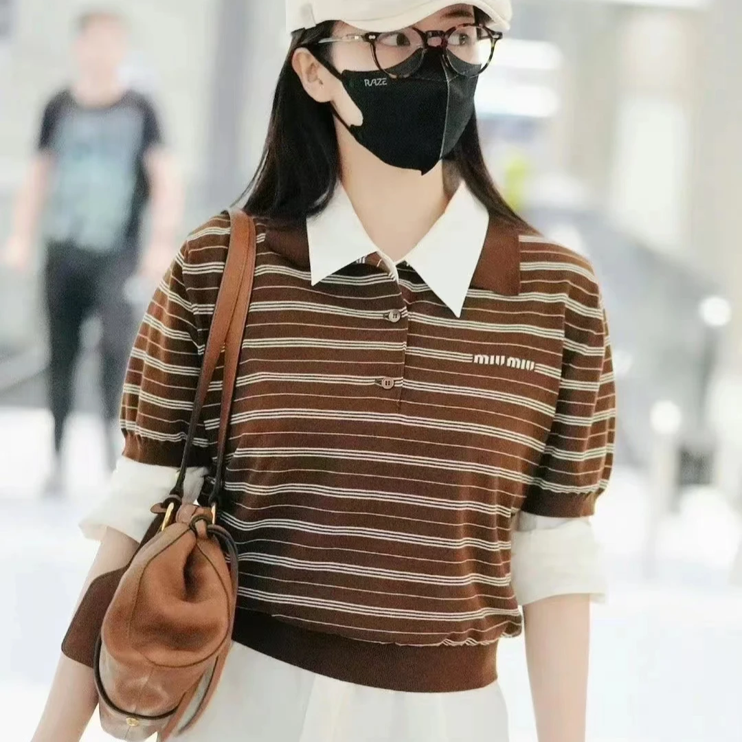 全新未使用 MIU MIU/缪缪 24早秋 女士棕色条纹polo衫