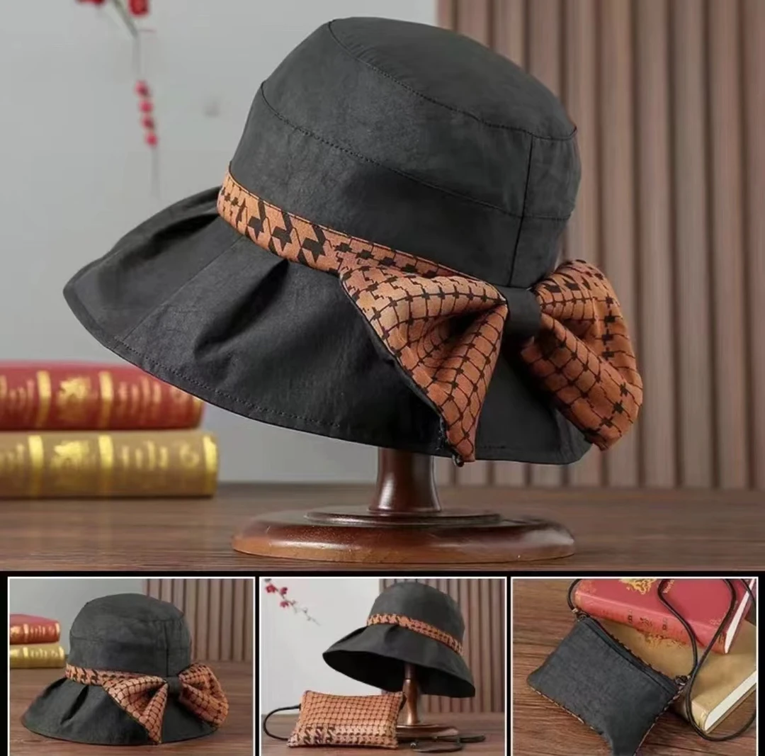 千鸟格蝴蝶帽 三件套帽子防紫外线防晒遮阳帽