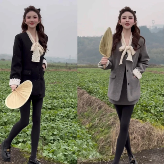 《叠穿少女》甜美古着感蕾丝系带拼接长袖西装款外套