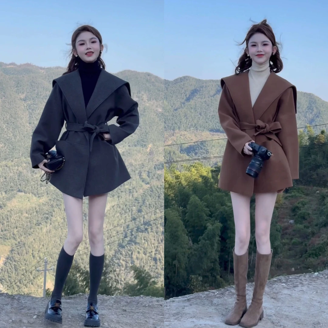 冬季新款气质大翻领宽松高级纯色绑带收腰显瘦外套