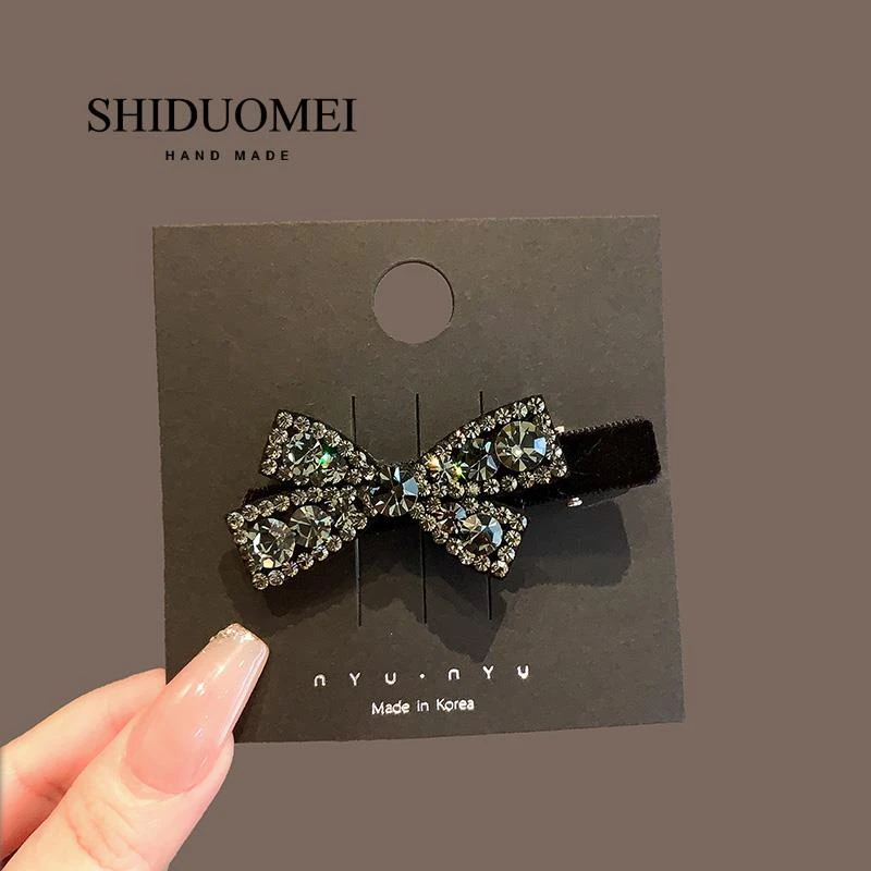 2024秋冬新丝绒发夹高档水钻蝴蝶结刘海夹少女气质侧边夹发卡顶夹