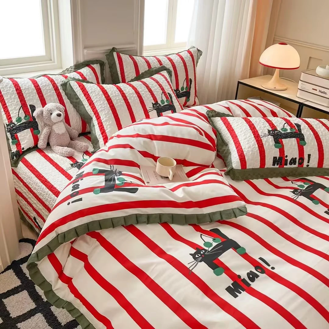 韩系全棉床盖四件套纯棉被套纯棉床盖四件套夹棉床单四季款三件套