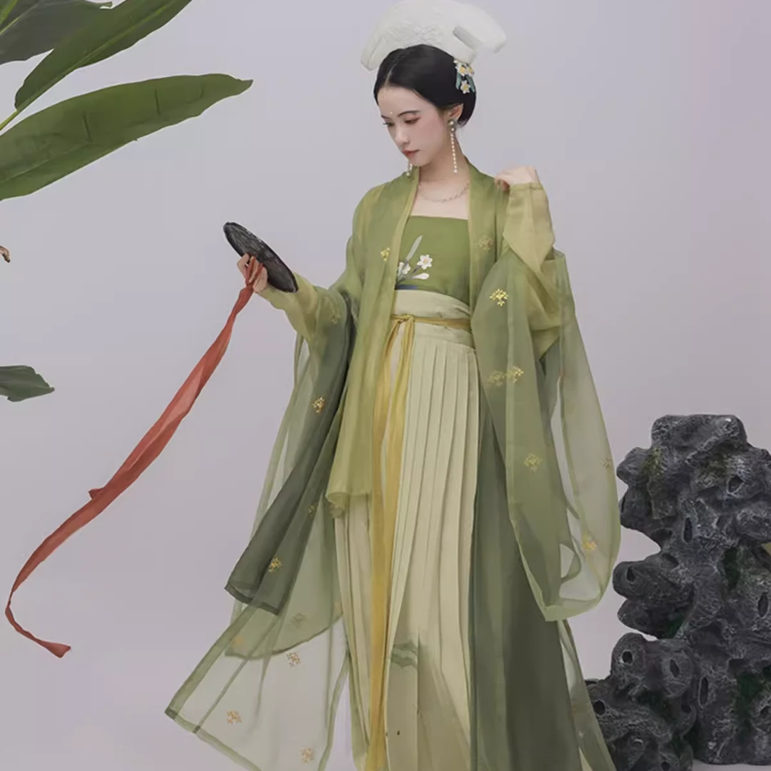 【上遥居】 新桐 北宋原创汉服女夏仿铁拐大袖衫印金绿色天丝绣花
