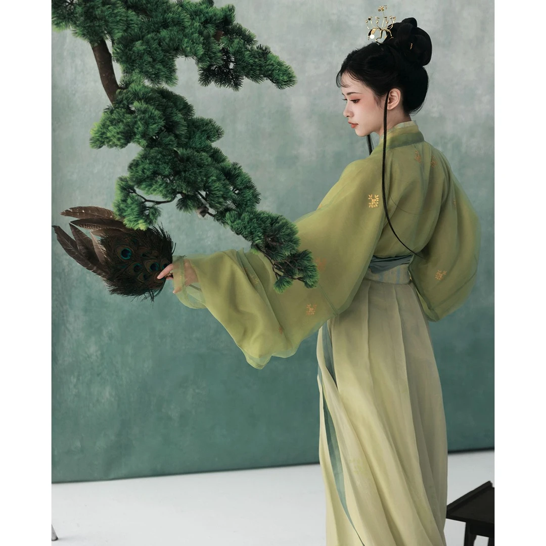 【上遥居】新桐 晋原创汉服女清冷风绿色印花破裙印金交领襦